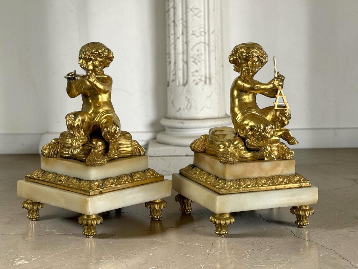 PAIRE DE FAUNES MUSICIENS EN BRONZE DORÉ ET SOCLE EN MARBRE / NAPOLEON II-photo-4