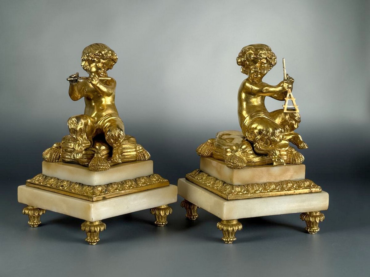 PAIRE DE FAUNES MUSICIENS EN BRONZE DORÉ ET SOCLE EN MARBRE / NAPOLEON II-photo-1