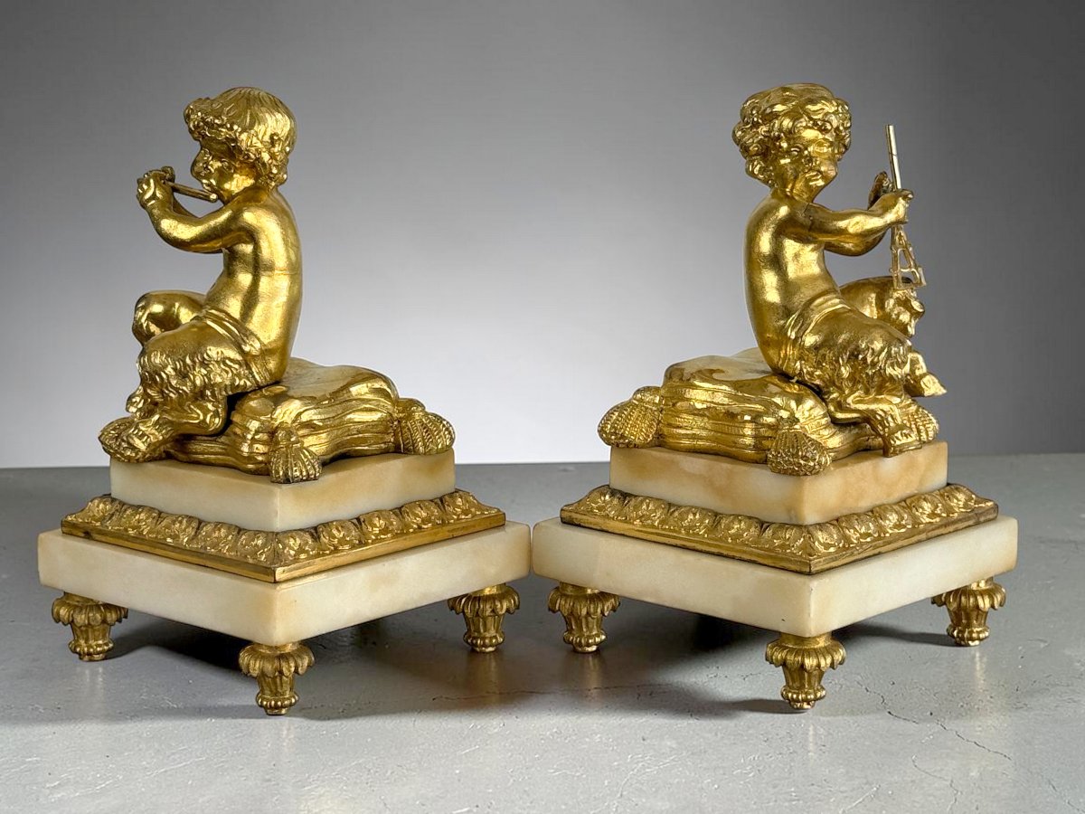 PAIRE DE FAUNES MUSICIENS EN BRONZE DORÉ ET SOCLE EN MARBRE / NAPOLEON II-photo-2