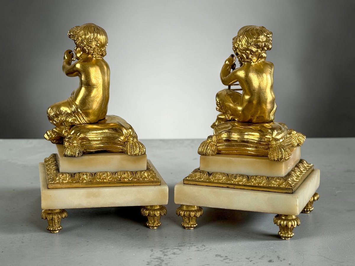 PAIRE DE FAUNES MUSICIENS EN BRONZE DORÉ ET SOCLE EN MARBRE / NAPOLEON II-photo-3