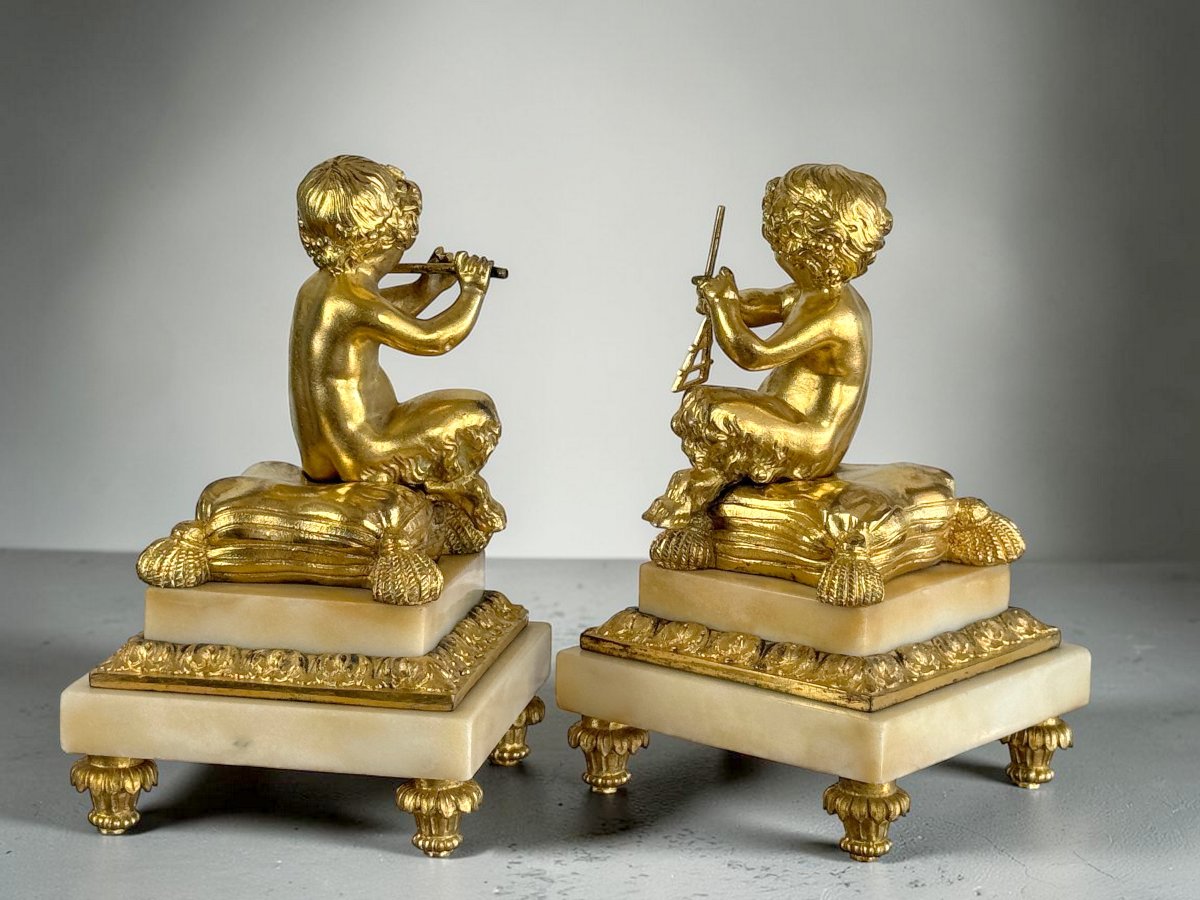 PAIRE DE FAUNES MUSICIENS EN BRONZE DORÉ ET SOCLE EN MARBRE / NAPOLEON II-photo-4
