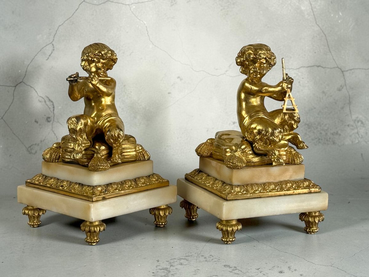 PAIRE DE FAUNES MUSICIENS EN BRONZE DORÉ ET SOCLE EN MARBRE / NAPOLEON II-photo-5
