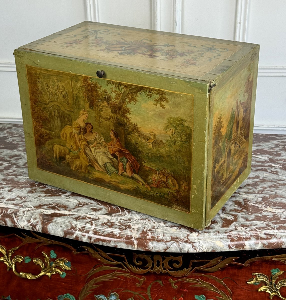 Painted Wooden Box Decorated With Music Trophies, Landscapes, And Romantic Scenes-photo-4