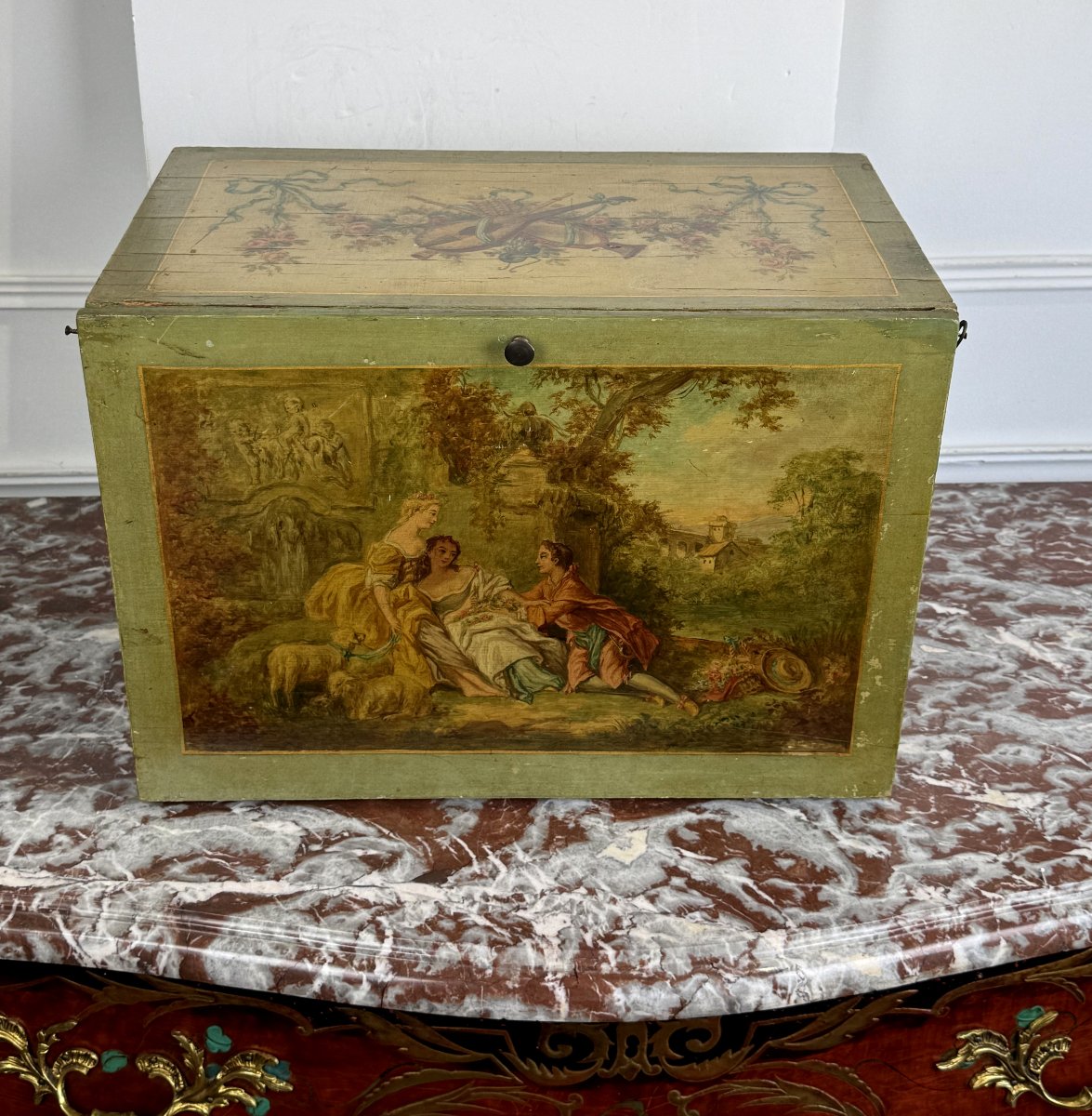 Painted Wooden Box Decorated With Music Trophies, Landscapes, And Romantic Scenes-photo-5