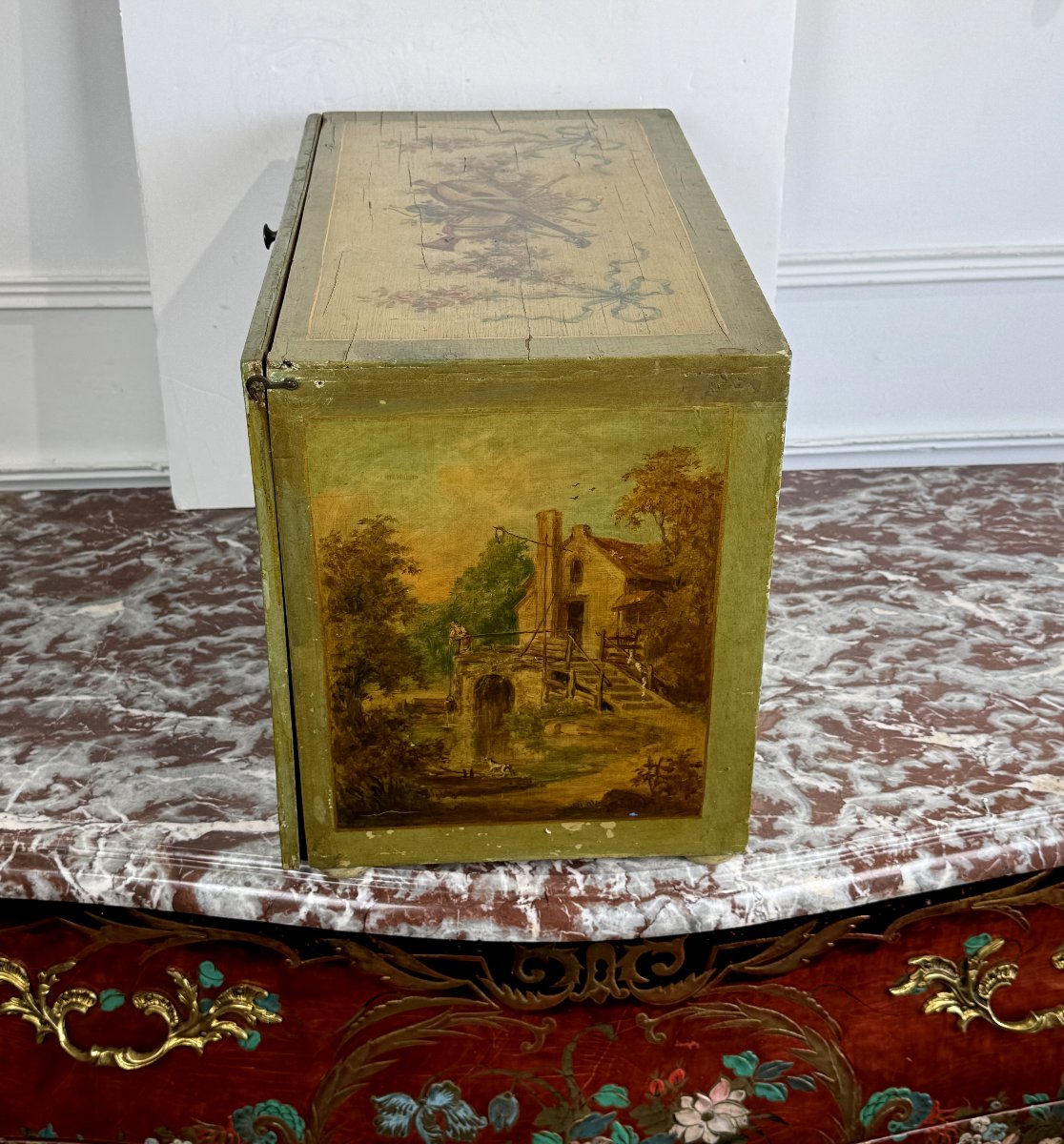 Painted Wooden Box Decorated With Music Trophies, Landscapes, And Romantic Scenes-photo-6