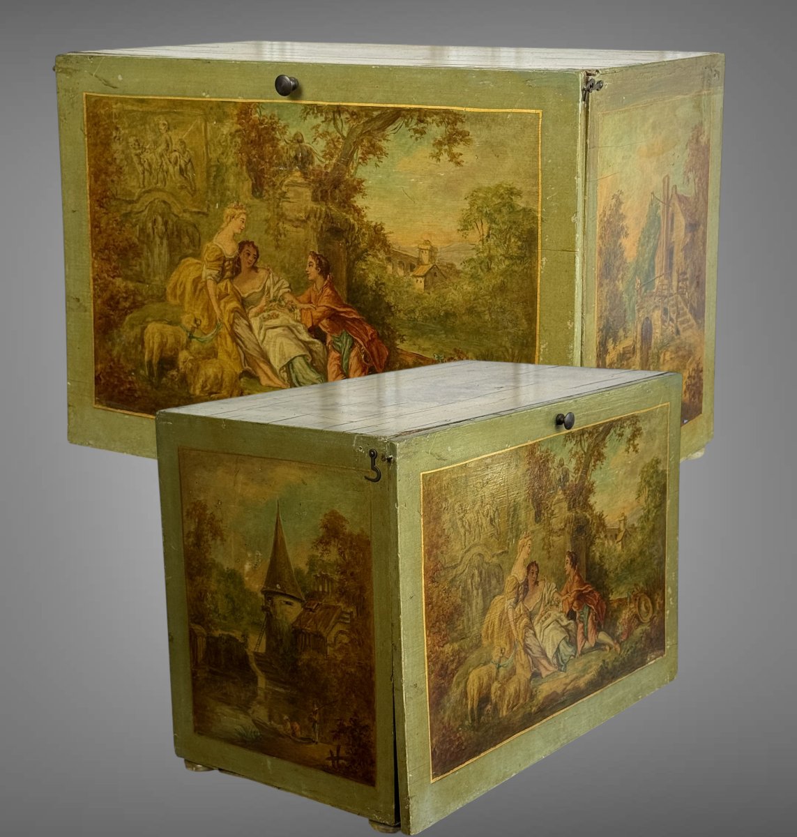 Painted Wooden Box Decorated With Music Trophies, Landscapes, And Romantic Scenes