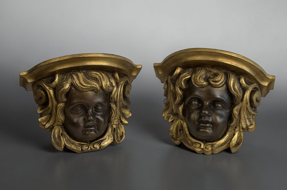 PAIRE DE CONSOLE XVIIIe A TETES D ANGELOTS EN BOIS SCULPTÉ DE STYLE BAROQUE-photo-2