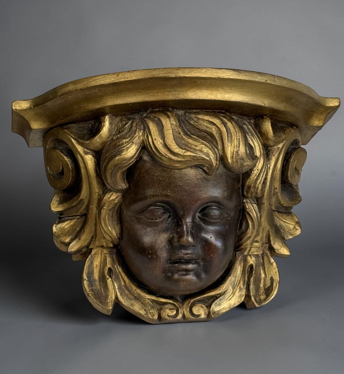PAIRE DE CONSOLE XVIIIe A TETES D ANGELOTS EN BOIS SCULPTÉ DE STYLE BAROQUE-photo-4