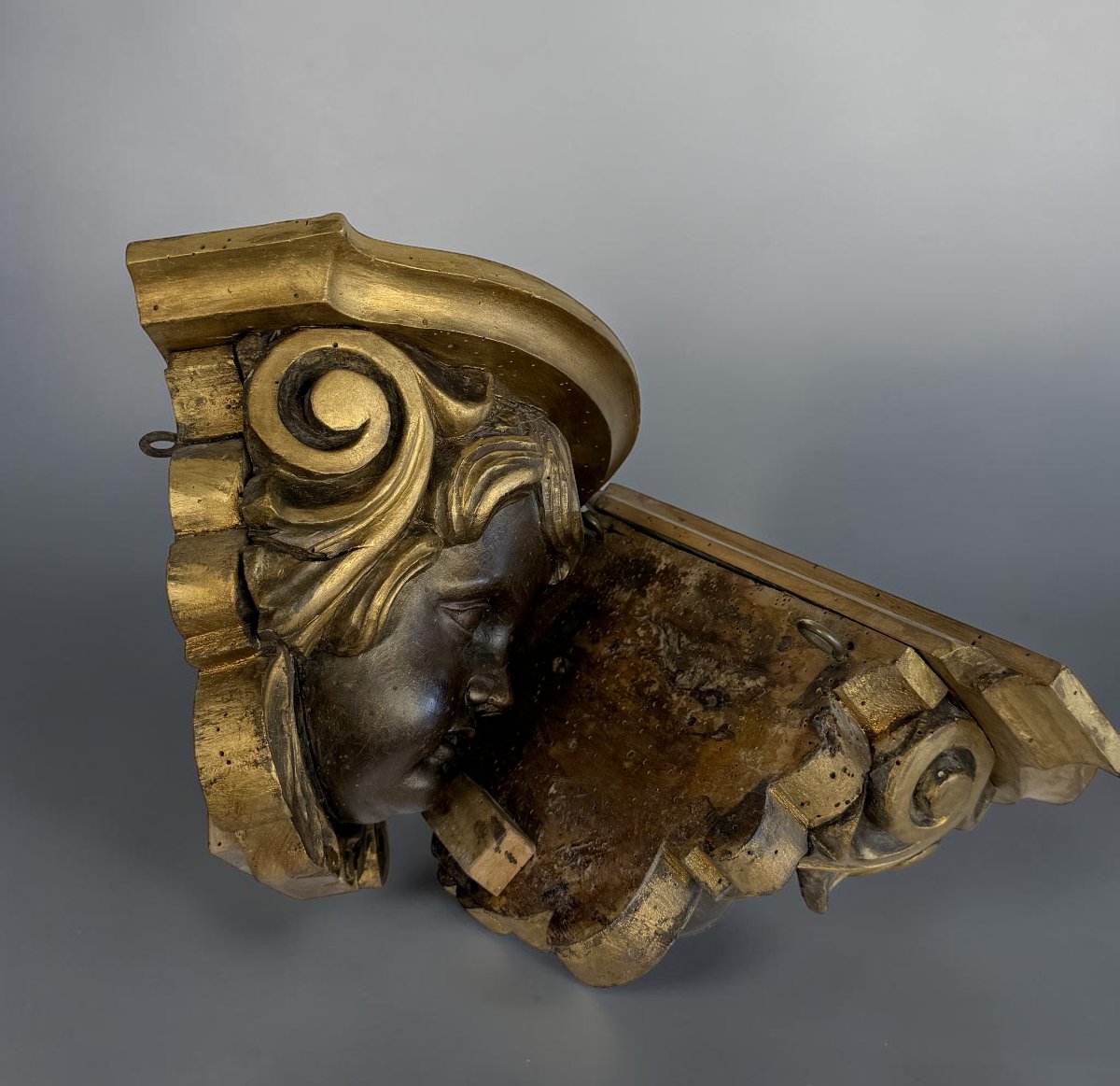 PAIRE DE CONSOLE XVIIIe A TETES D ANGELOTS EN BOIS SCULPTÉ DE STYLE BAROQUE-photo-4