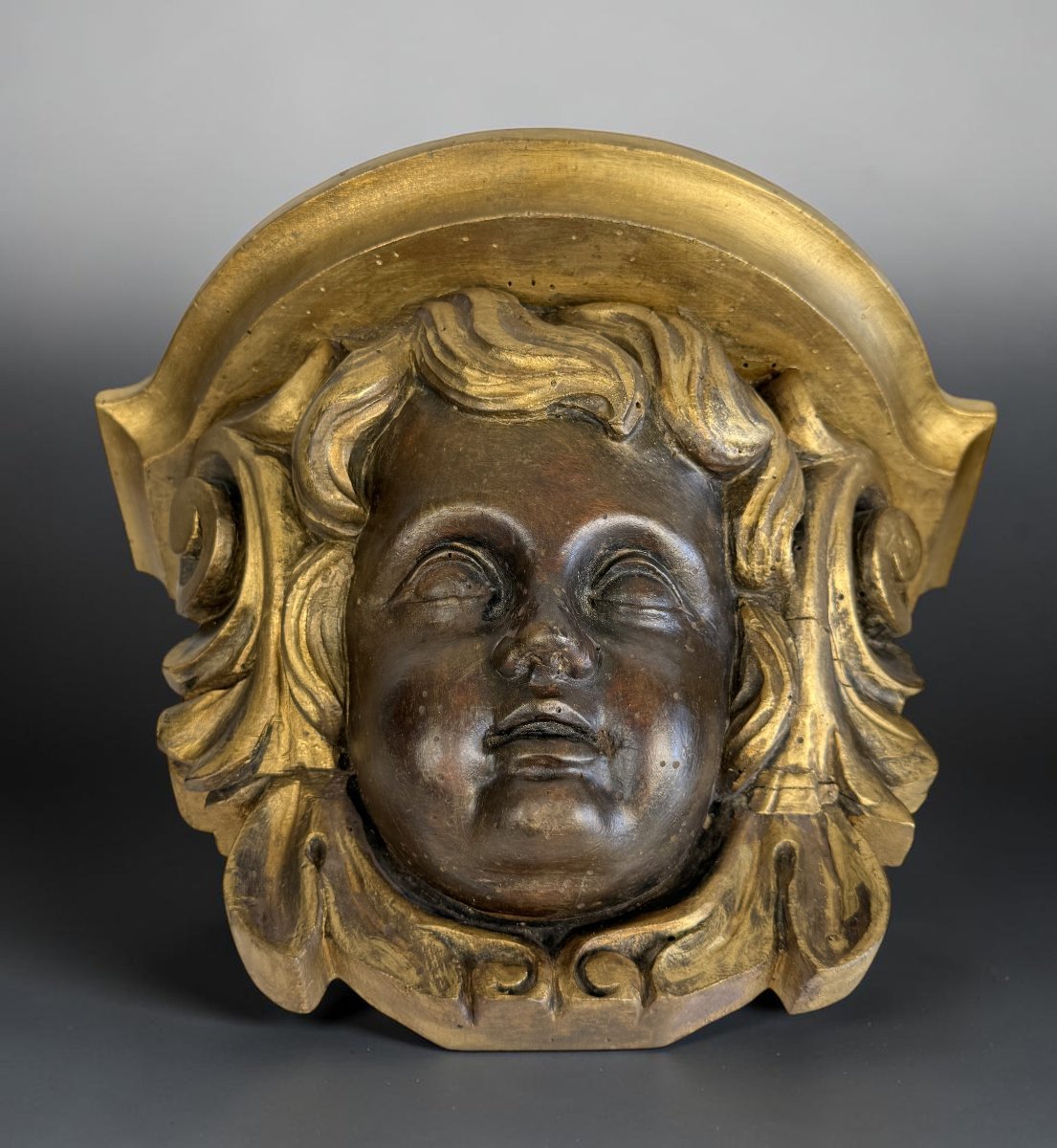 PAIRE DE CONSOLE XVIIIe A TETES D ANGELOTS EN BOIS SCULPTÉ DE STYLE BAROQUE-photo-5