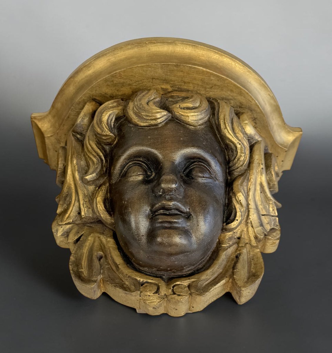 PAIRE DE CONSOLE XVIIIe A TETES D ANGELOTS EN BOIS SCULPTÉ DE STYLE BAROQUE-photo-6
