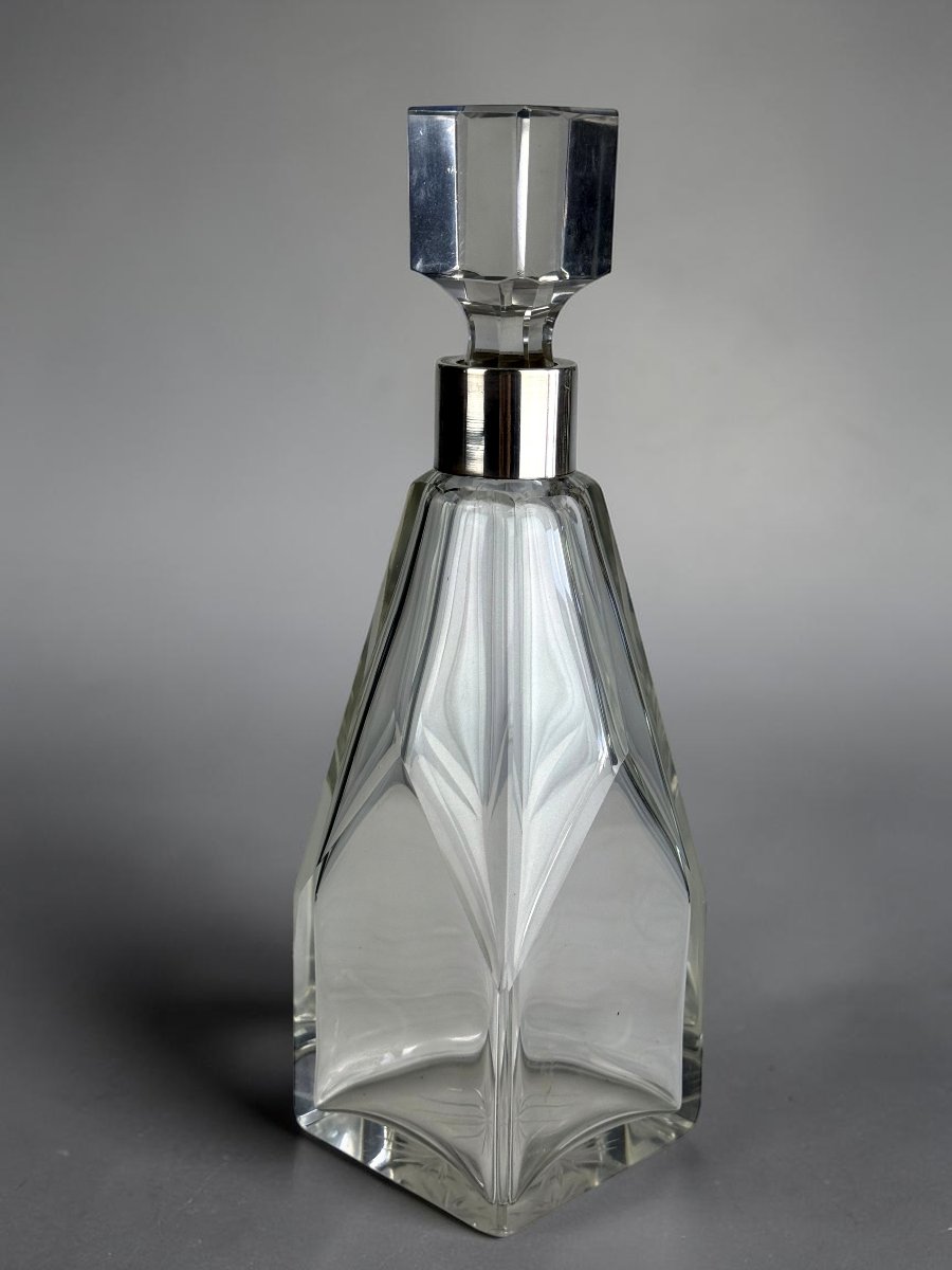 CARAFE ART DECO EN CRISTAL FACETTÉ AVEC MONTURE EN ARGENT , VERS 1930-photo-3