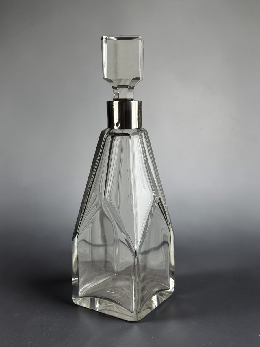 CARAFE ART DECO EN CRISTAL FACETTÉ AVEC MONTURE EN ARGENT , VERS 1930-photo-4