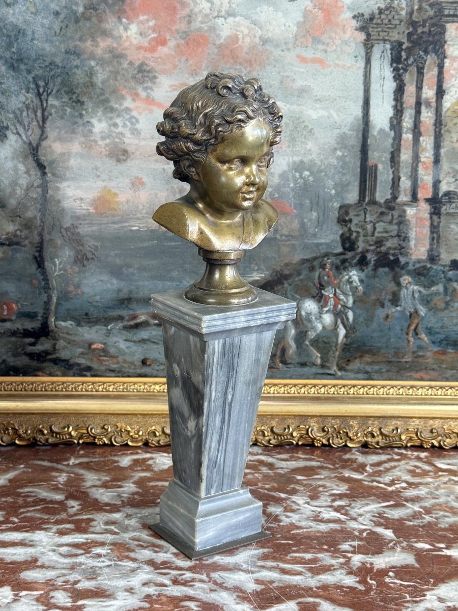 19th-century Bronze Child's Bust On A Marble Column, 28 Cm High-photo-3