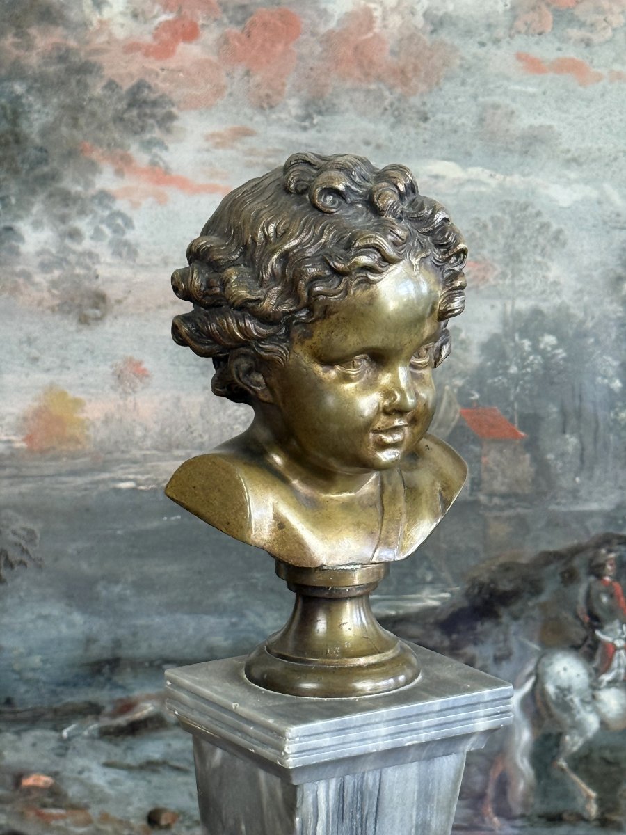 19th-century Bronze Child's Bust On A Marble Column, 28 Cm High-photo-4