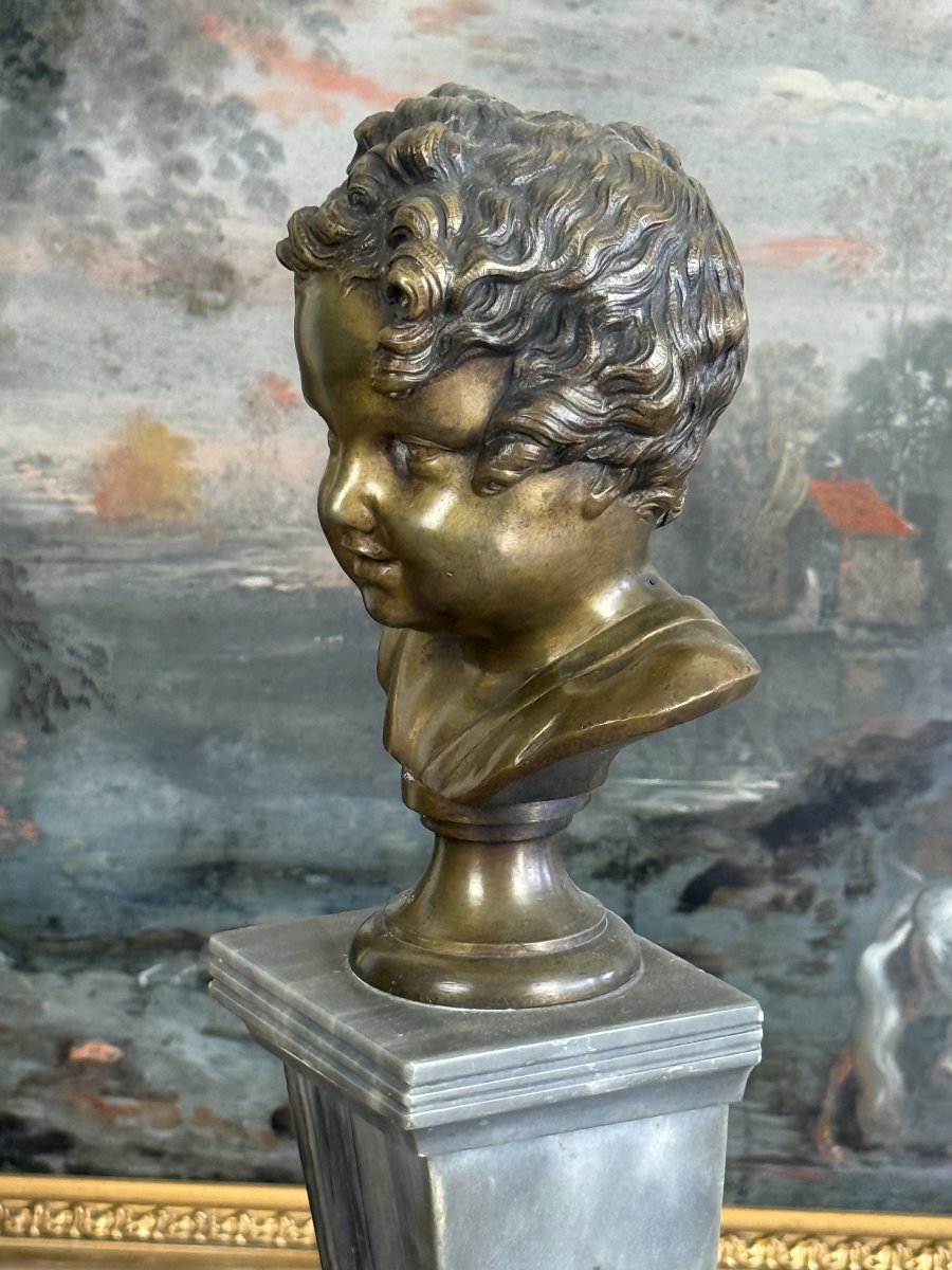 19th-century Bronze Child's Bust On A Marble Column, 28 Cm High-photo-1