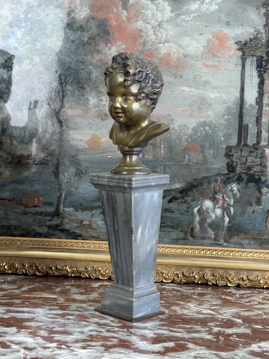 19th-century Bronze Child's Bust On A Marble Column, 28 Cm High-photo-4