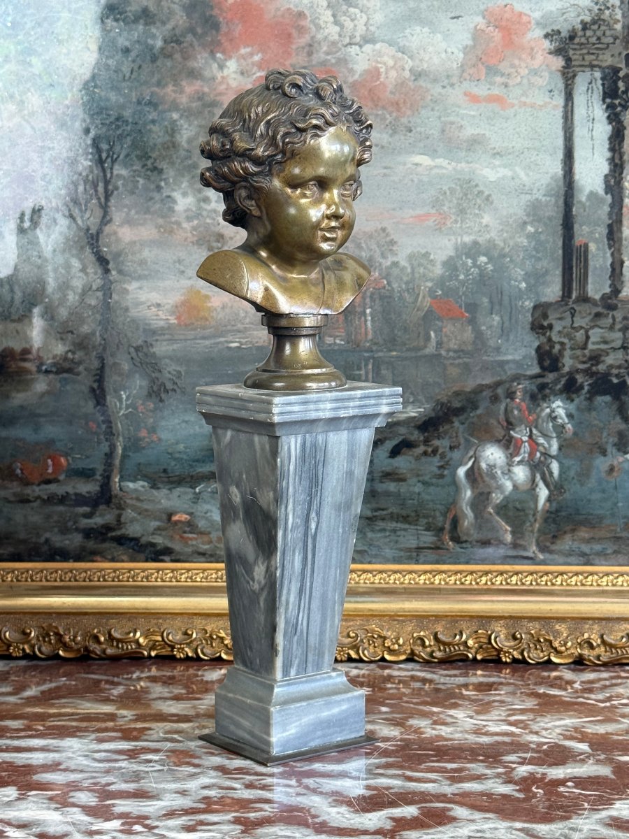 19th-century Bronze Child's Bust On A Marble Column, 28 Cm High-photo-7