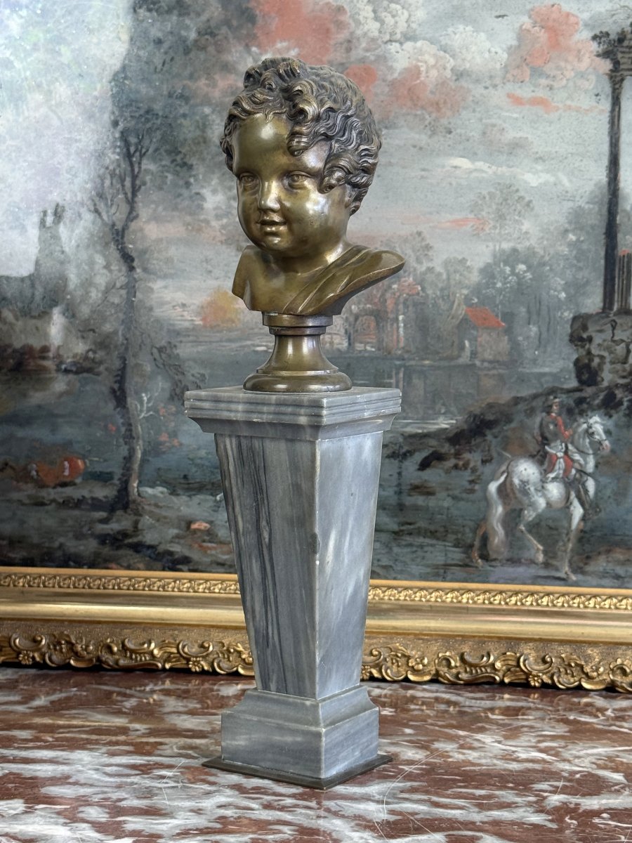 19th-century Bronze Child's Bust On A Marble Column, 28 Cm High-photo-8