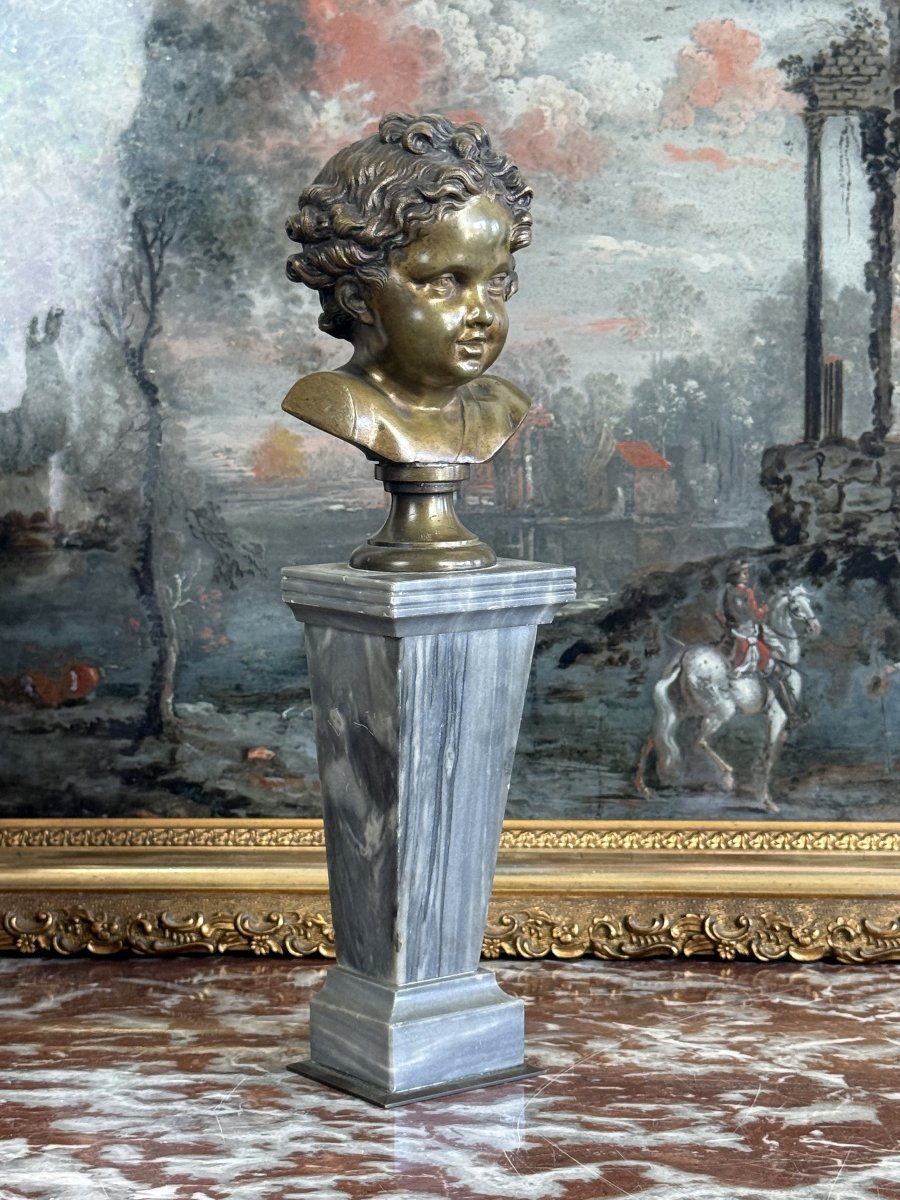 19th-century Bronze Child's Bust On A Marble Column, 28 Cm High