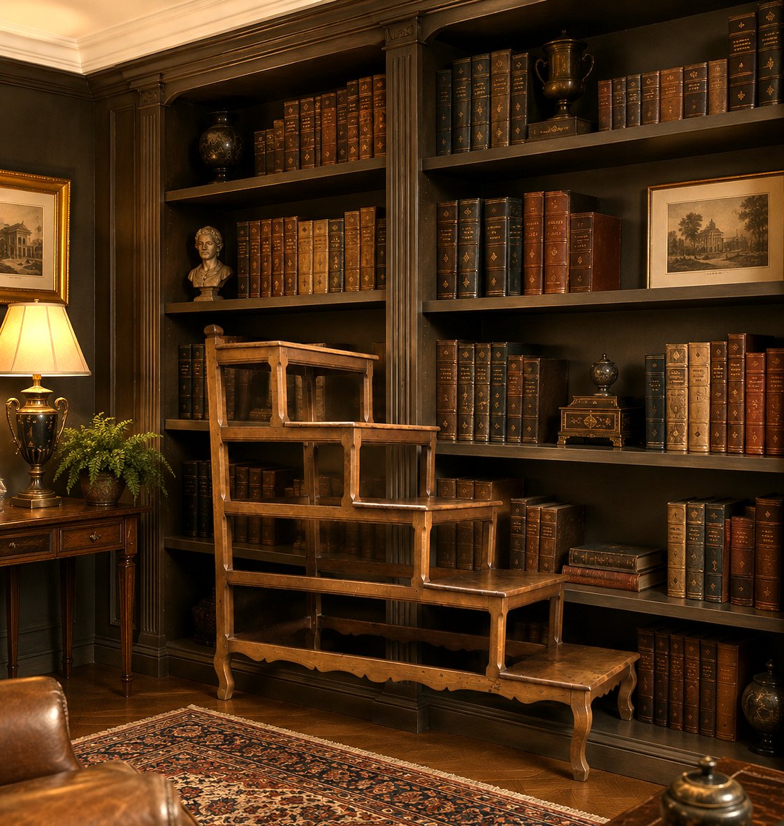 GRAND ESCALIER DE BIBLIOTEQUE A CINQ MARCHES DU XIXe EN NOYER MOULURÉ-photo-2