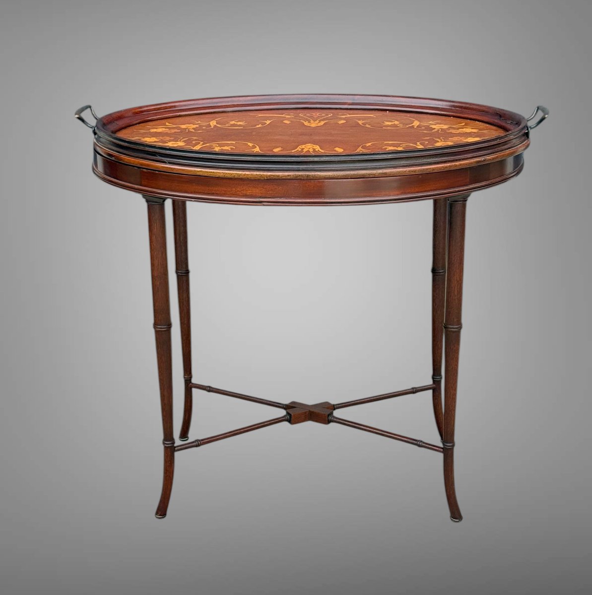 PETITE TABLE A THÉ OU TABLE DE SALON EN ACAJOU MARQUETÉ / DES ANNÉES 1900 / 1930-photo-2