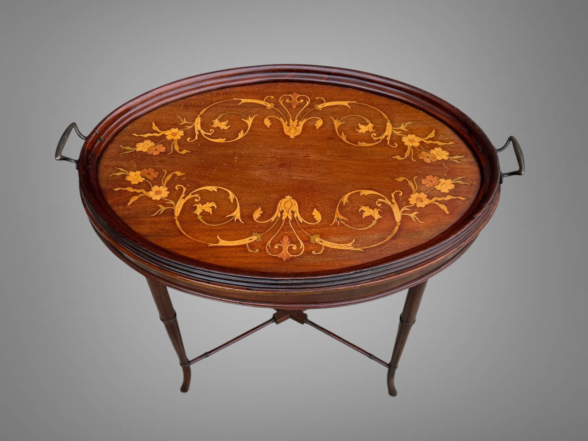 PETITE TABLE A THÉ OU TABLE DE SALON EN ACAJOU MARQUETÉ / DES ANNÉES 1900 / 1930-photo-4