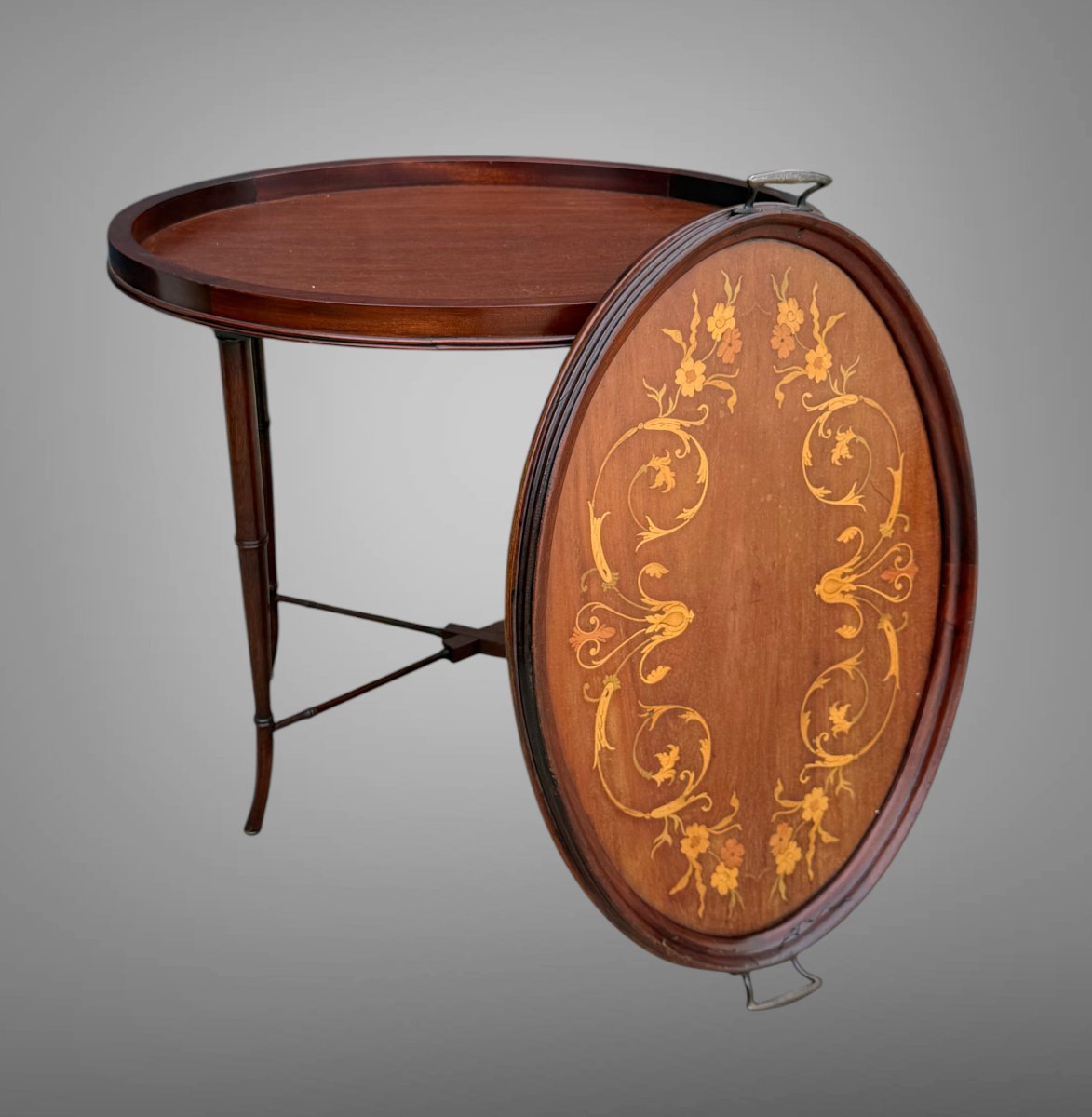 PETITE TABLE A THÉ OU TABLE DE SALON EN ACAJOU MARQUETÉ / DES ANNÉES 1900 / 1930-photo-1