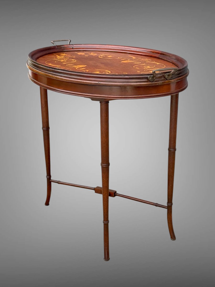 PETITE TABLE A THÉ OU TABLE DE SALON EN ACAJOU MARQUETÉ / DES ANNÉES 1900 / 1930-photo-7