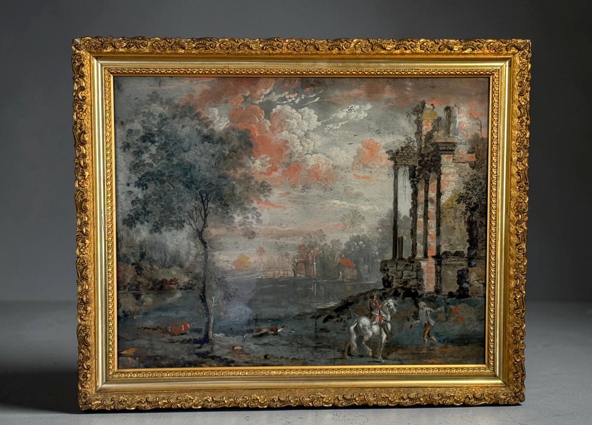 Painting / Late 18th-century French School, Mounted Under Glass, Signed -photo-2