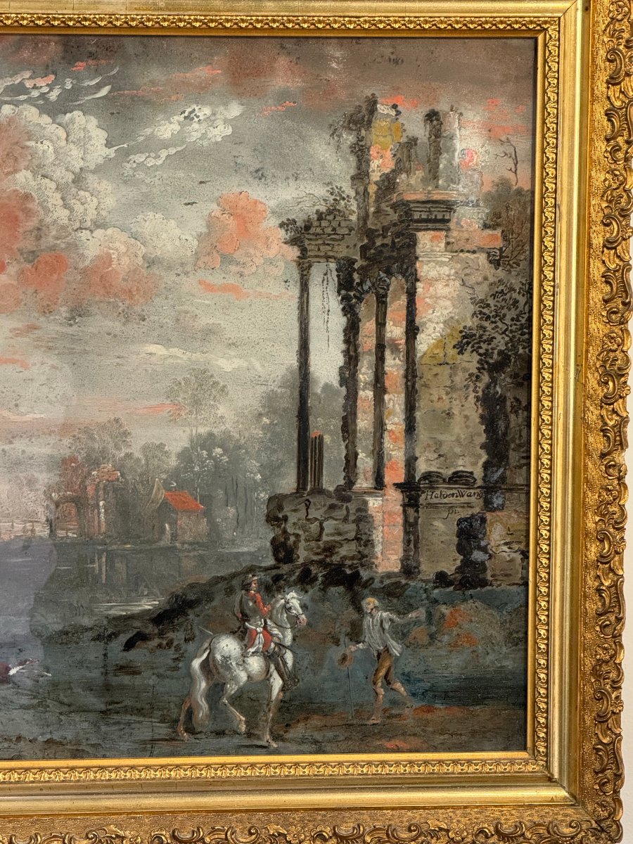 Painting / Late 18th-century French School, Mounted Under Glass, Signed -photo-2
