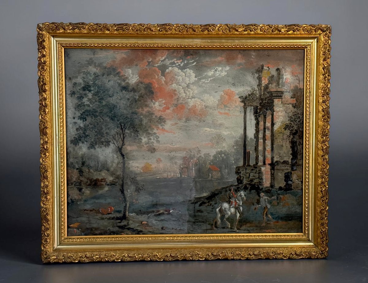 Painting / Late 18th-century French School, Mounted Under Glass, Signed 