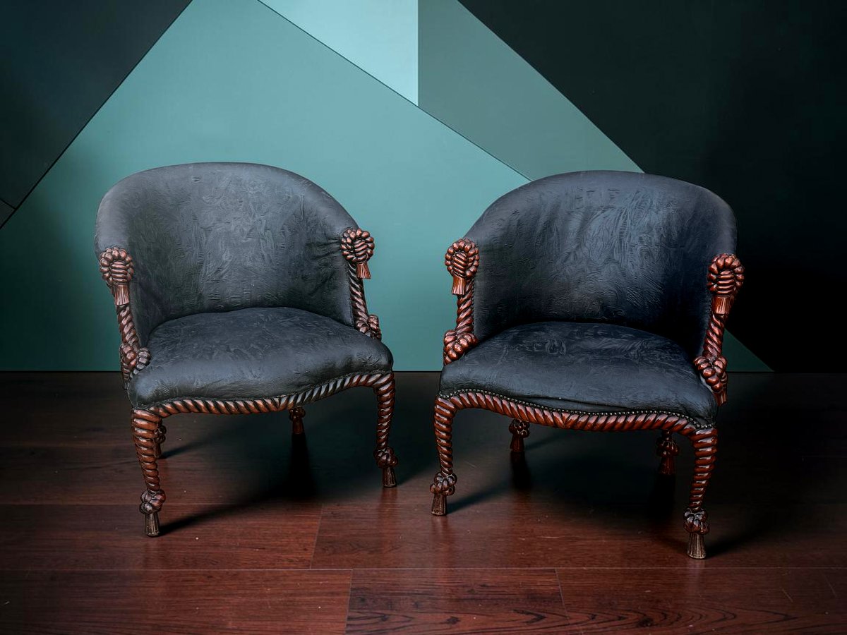 PAIRE DE FAUTEUILS DE STYLE NAPOLEON III EN BOIS SCULPTÉ A DECOR DE CORDAGES-photo-2
