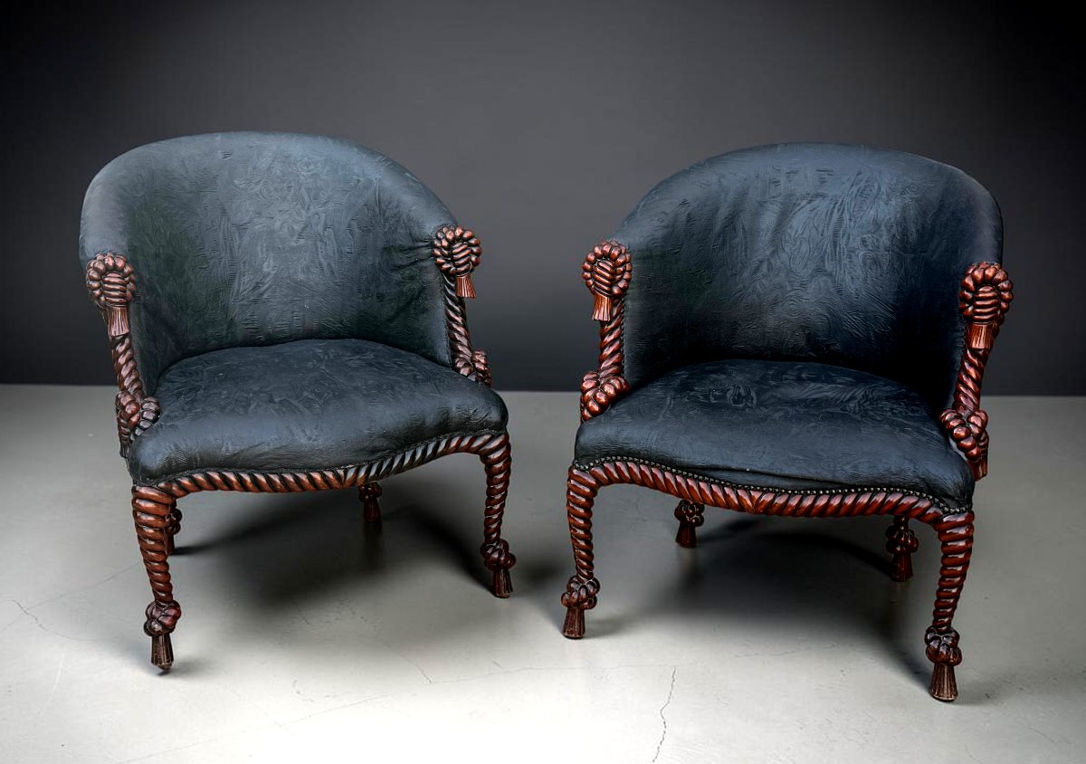 PAIRE DE FAUTEUILS DE STYLE NAPOLEON III EN BOIS SCULPTÉ A DECOR DE CORDAGES-photo-3