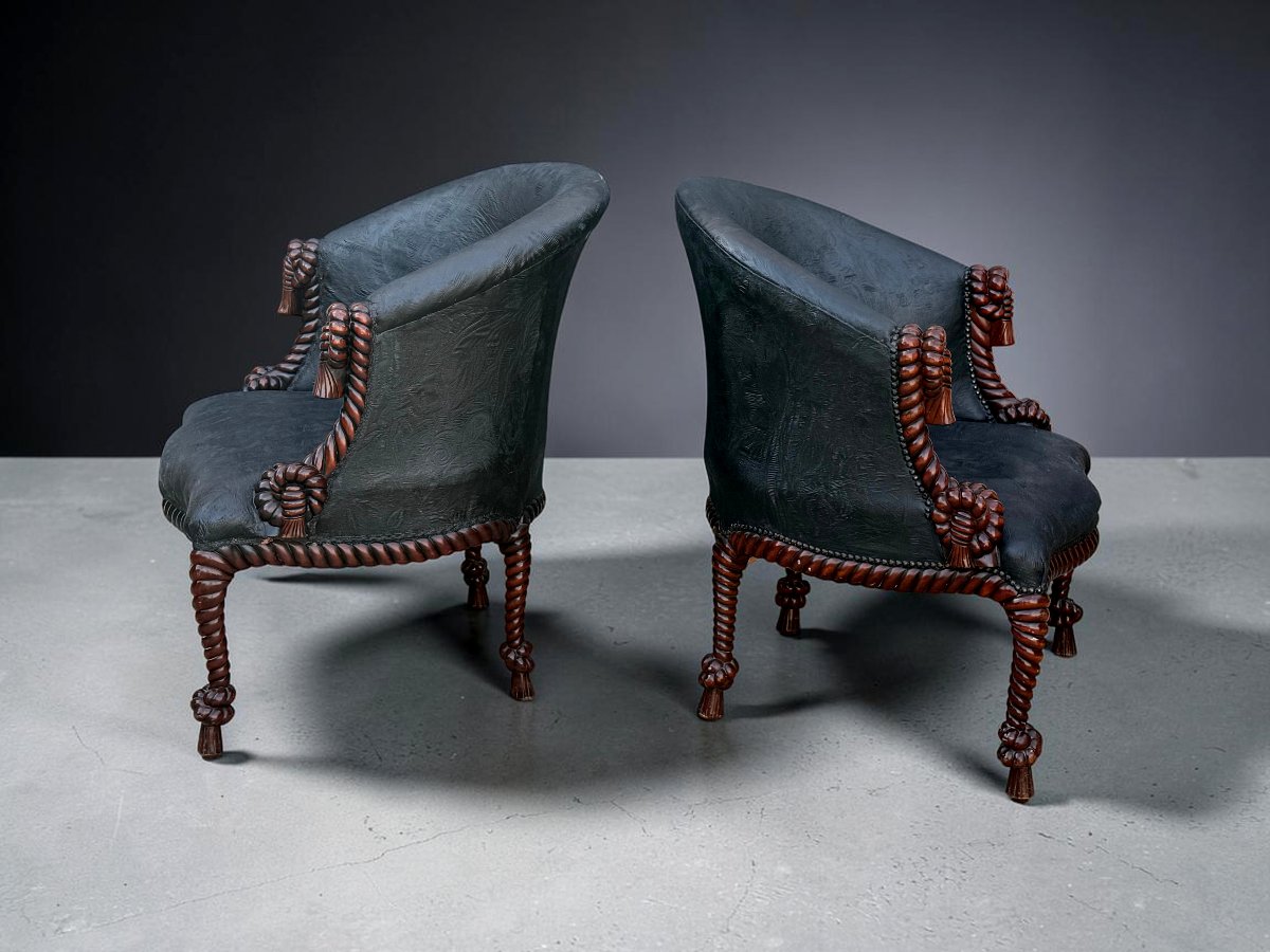 PAIRE DE FAUTEUILS DE STYLE NAPOLEON III EN BOIS SCULPTÉ A DECOR DE CORDAGES-photo-4