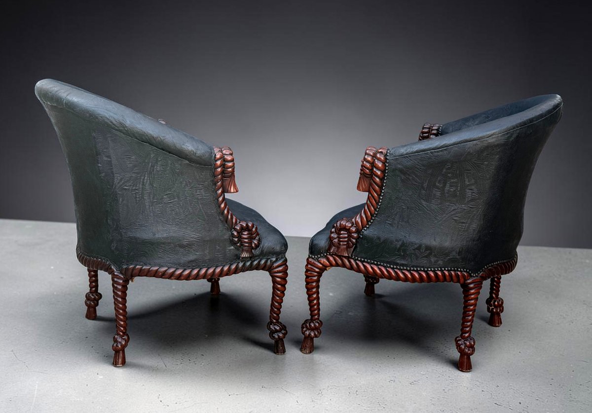 PAIRE DE FAUTEUILS DE STYLE NAPOLEON III EN BOIS SCULPTÉ A DECOR DE CORDAGES-photo-2