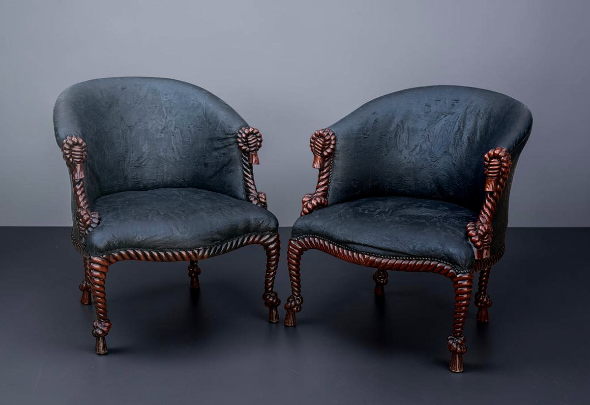PAIRE DE FAUTEUILS DE STYLE NAPOLEON III EN BOIS SCULPTÉ A DECOR DE CORDAGES-photo-3