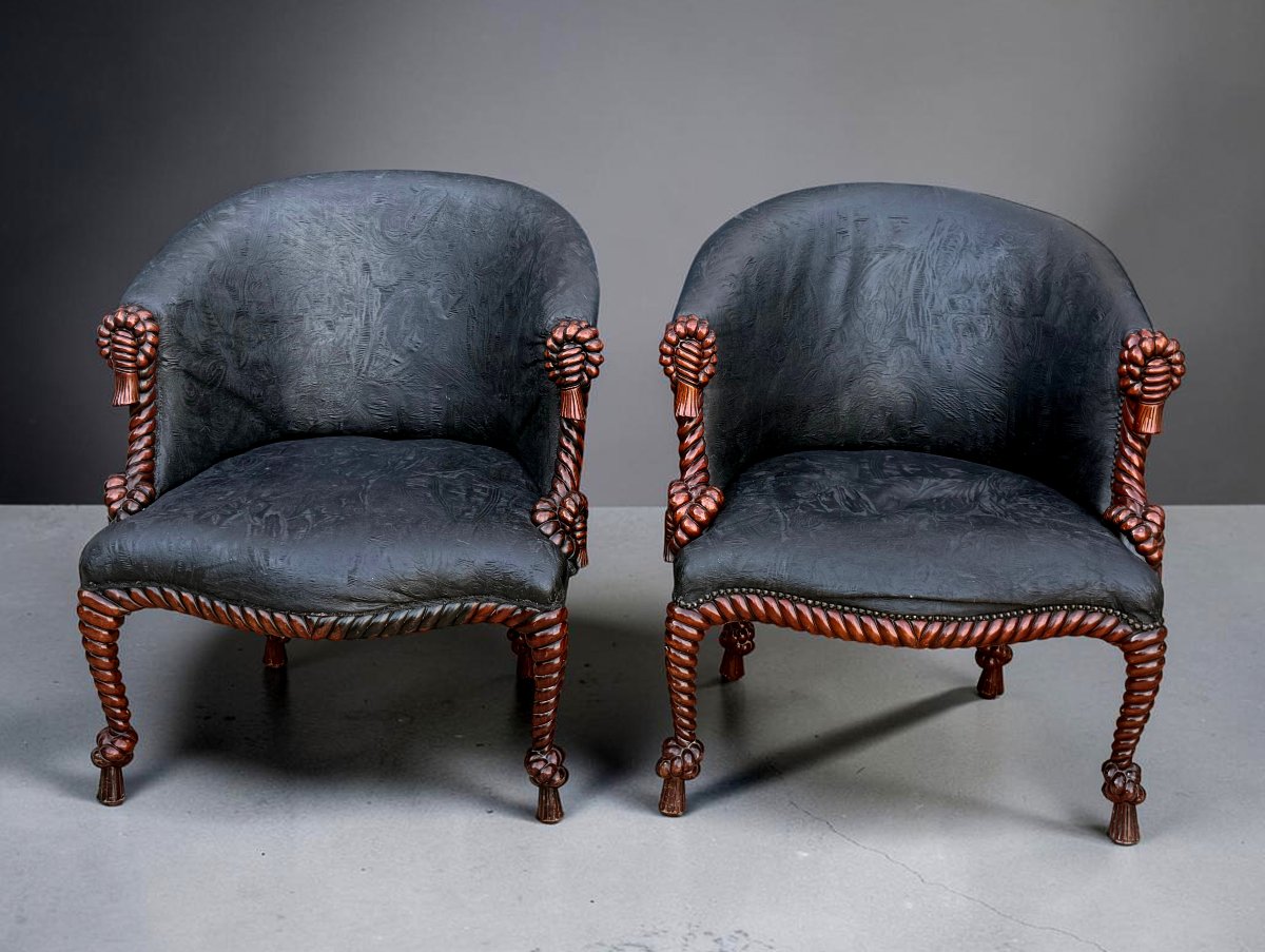 PAIRE DE FAUTEUILS DE STYLE NAPOLEON III EN BOIS SCULPTÉ A DECOR DE CORDAGES