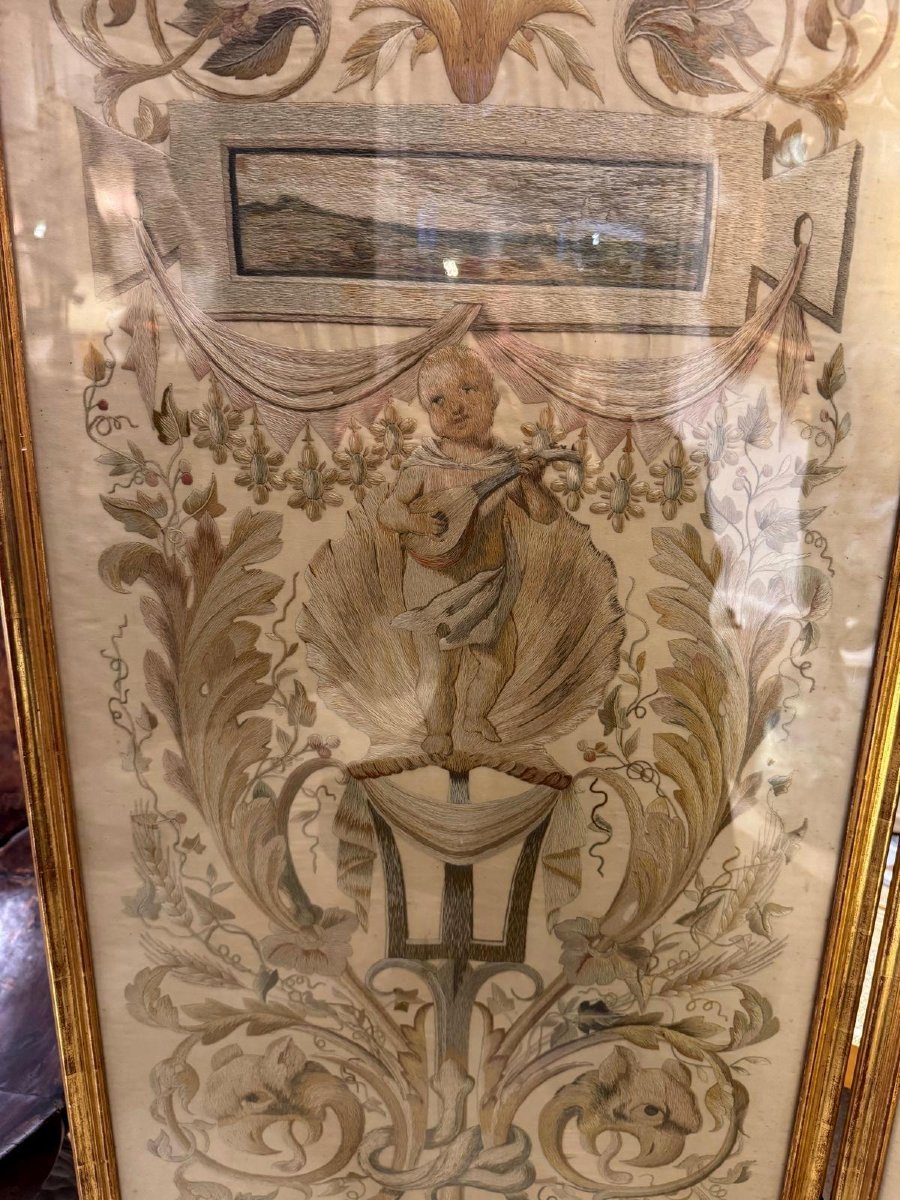 IMPORTANT PARAVENT LOUIS XVI D 'ÉPOQUE XVIIIe EN SOIERIE BRODÉE ET PEINTE-photo-1