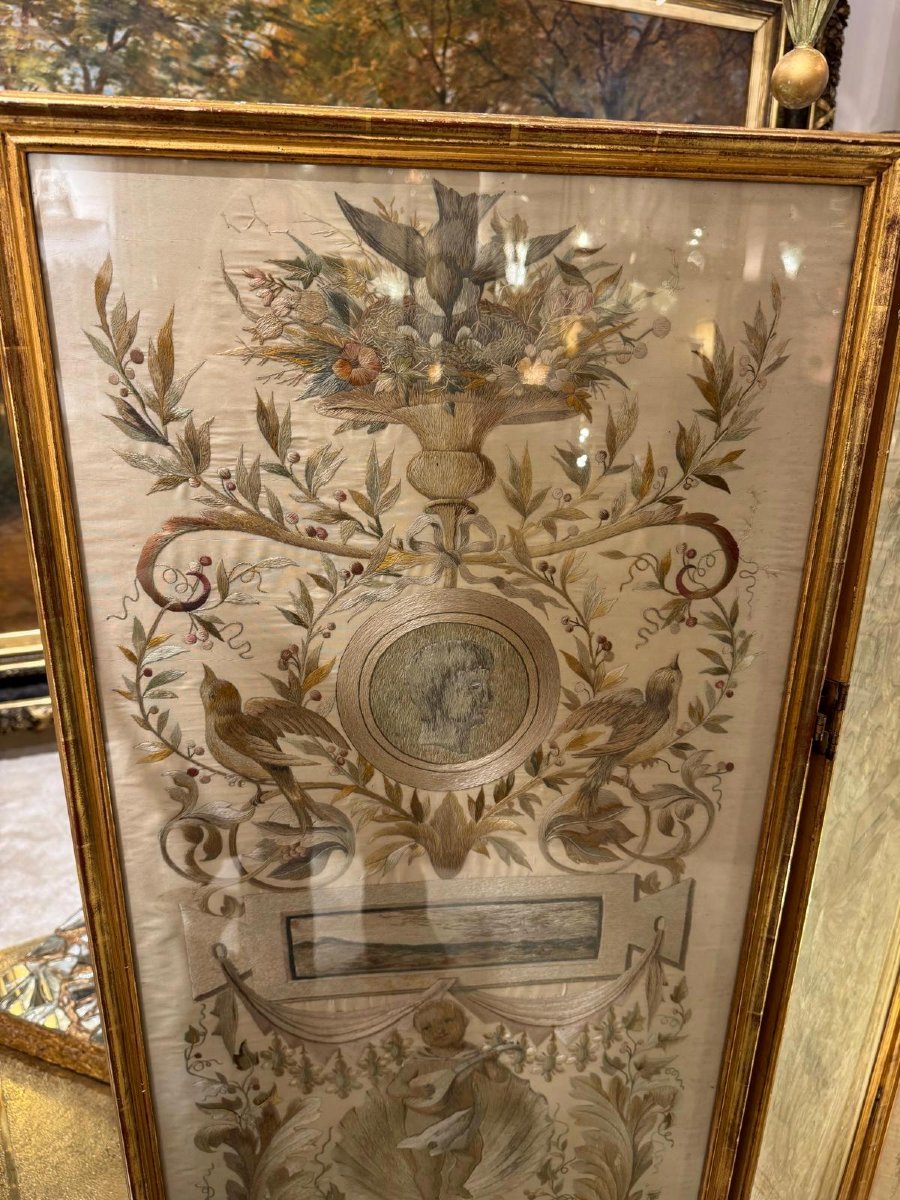 IMPORTANT PARAVENT LOUIS XVI D 'ÉPOQUE XVIIIe EN SOIERIE BRODÉE ET PEINTE-photo-2