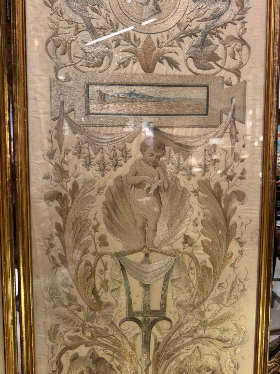 IMPORTANT PARAVENT LOUIS XVI D 'ÉPOQUE XVIIIe EN SOIERIE BRODÉE ET PEINTE-photo-5