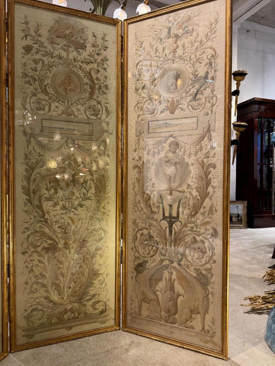 IMPORTANT PARAVENT LOUIS XVI D 'ÉPOQUE XVIIIe EN SOIERIE BRODÉE ET PEINTE-photo-6