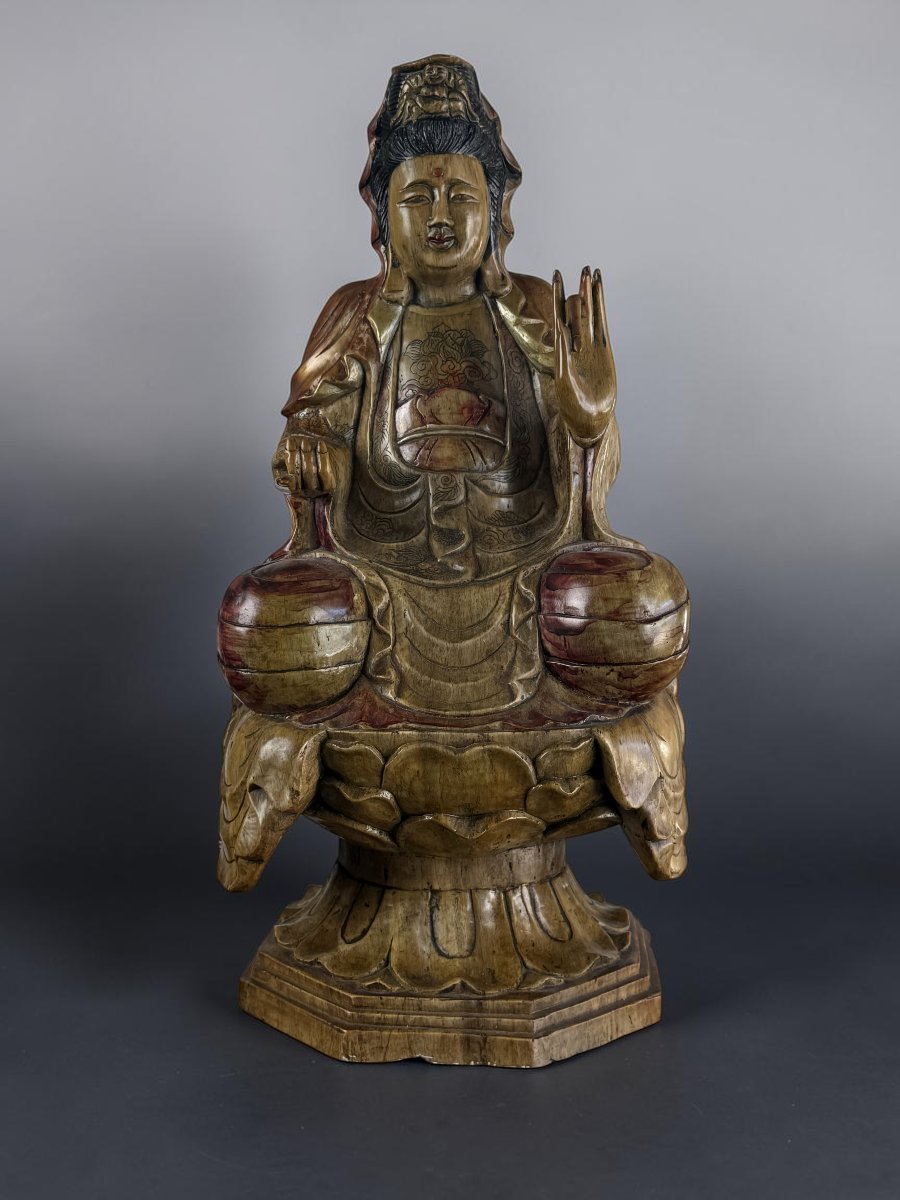 GRANDE SCULPTURE DE GUANYIN EN PIERRE DUR SCULPTÉE POLYCHROMÉE CHINE XXeme-photo-2