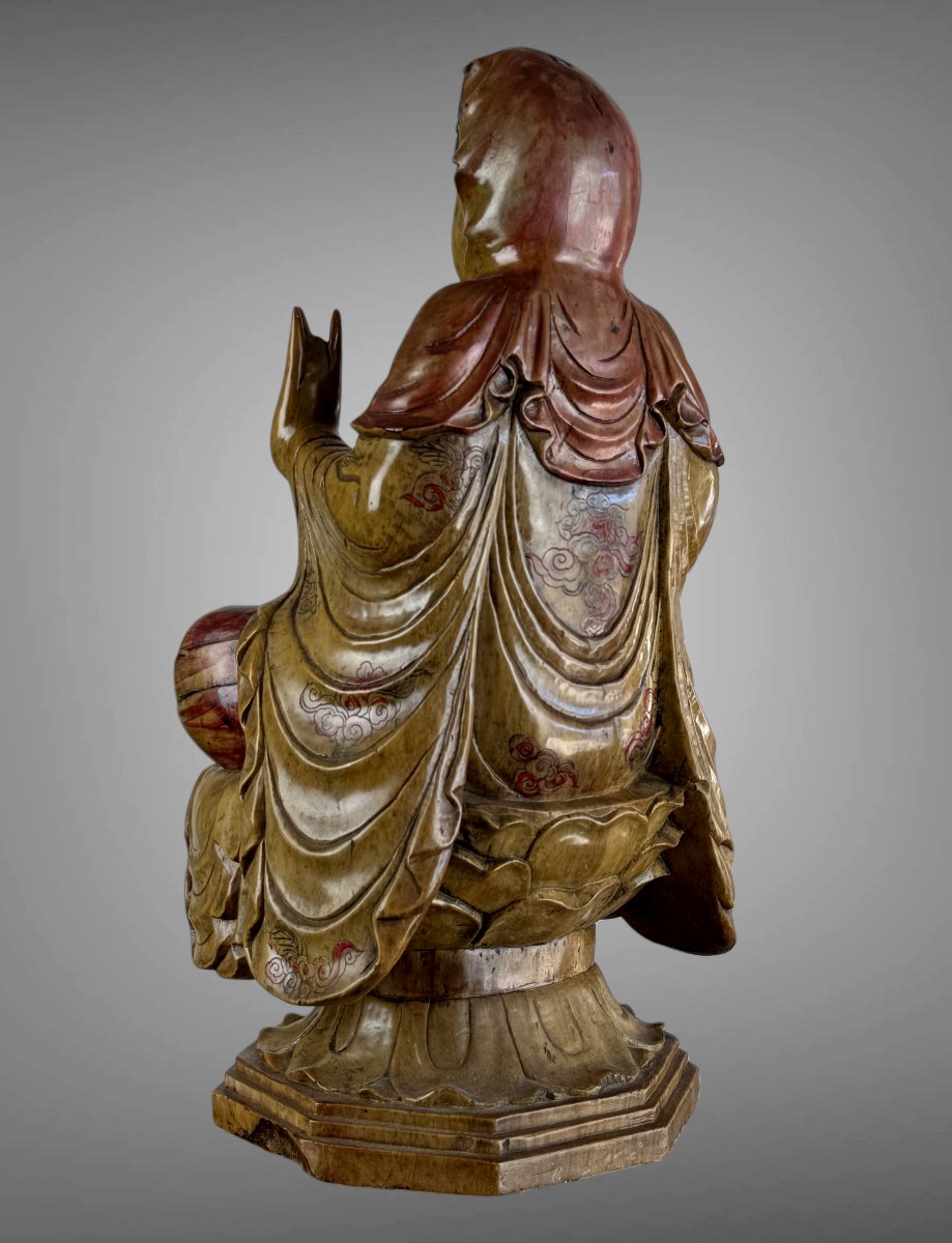 GRANDE SCULPTURE DE GUANYIN EN PIERRE DUR SCULPTÉE POLYCHROMÉE CHINE XXeme-photo-1