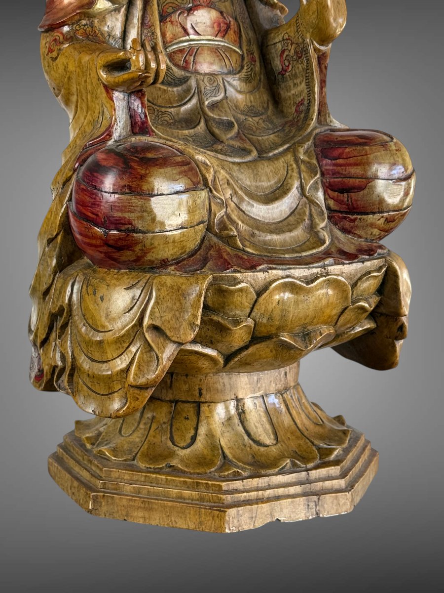 GRANDE SCULPTURE DE GUANYIN EN PIERRE DUR SCULPTÉE POLYCHROMÉE CHINE XXeme-photo-4