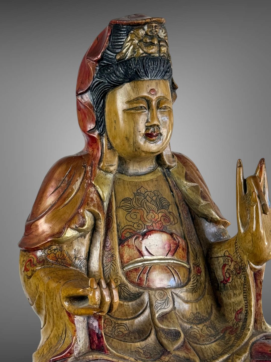 GRANDE SCULPTURE DE GUANYIN EN PIERRE DUR SCULPTÉE POLYCHROMÉE CHINE XXeme-photo-5