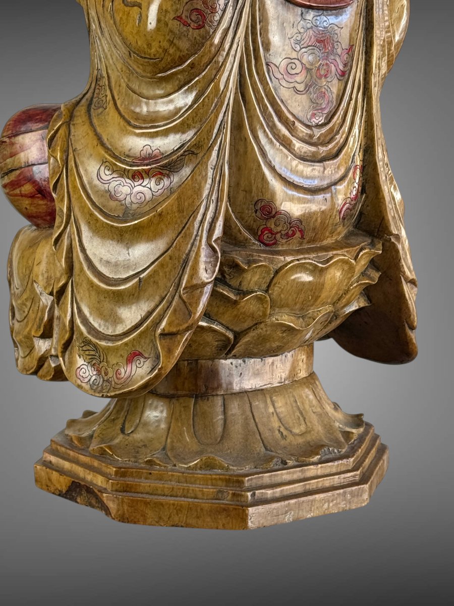 GRANDE SCULPTURE DE GUANYIN EN PIERRE DUR SCULPTÉE POLYCHROMÉE CHINE XXeme-photo-6