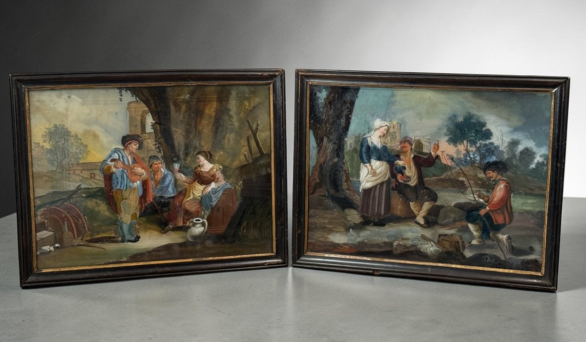 TABLEAU / ECOLE FRANCAISE DU XVIIIe FIXÉ SOUS VERRE " SCENE GALANTE N°1 "-photo-2