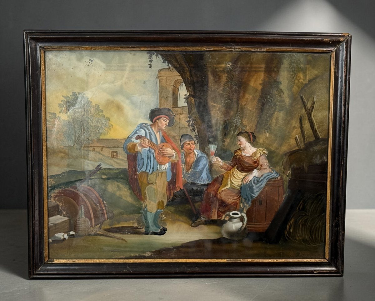 TABLEAU / ECOLE FRANCAISE DU XVIIIe FIXÉ SOUS VERRE " SCENE GALANTE N°1 "-photo-3
