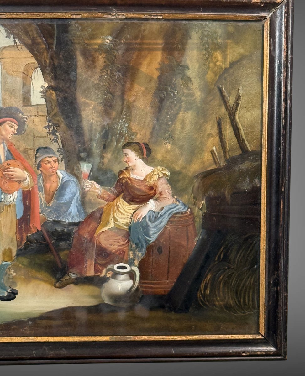 TABLEAU / ECOLE FRANCAISE DU XVIIIe FIXÉ SOUS VERRE " SCENE GALANTE N°1 "-photo-3